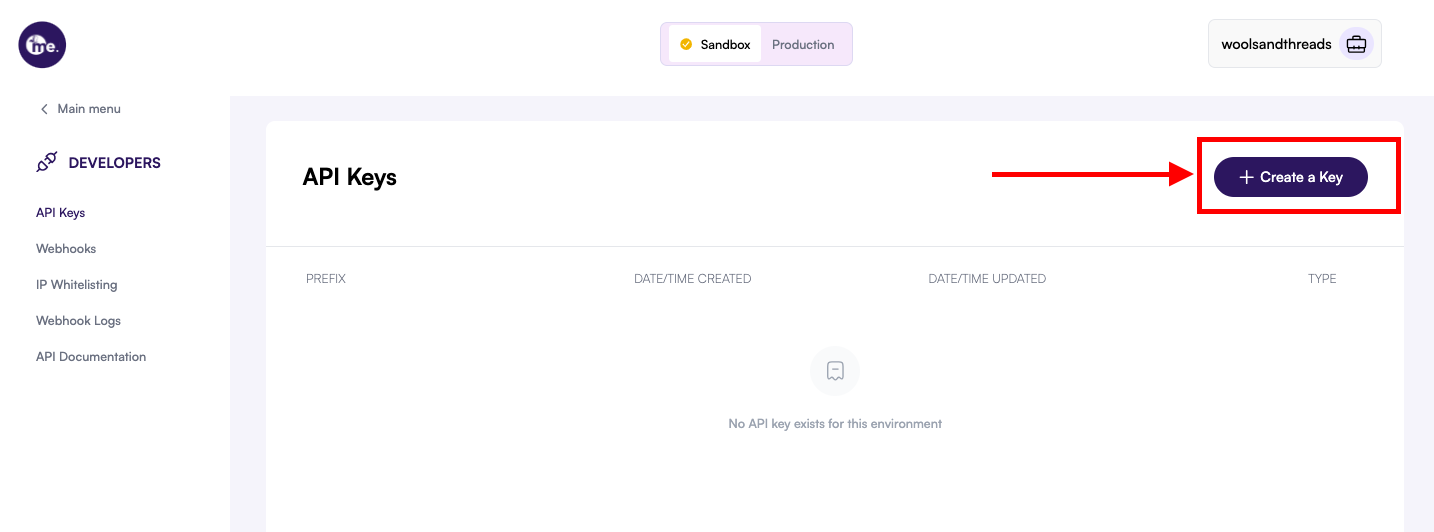 Create API key button in the Developer section